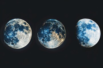 Canvas Print - Three phases of the moon on a black background, suitable for scientific and educational projects