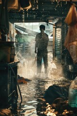 Canvas Print - A man standing in a flooded area with a hose. Suitable for illustrating natural disasters