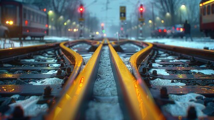 Sticker -   Snowy street with a train track, traffic lights, and a train