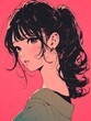 anime style. Cute young woman with ponytail style on a simple one color background, Generative AI