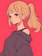 anime style. Cute young woman with ponytail style on a simple one color background, Generative AI
