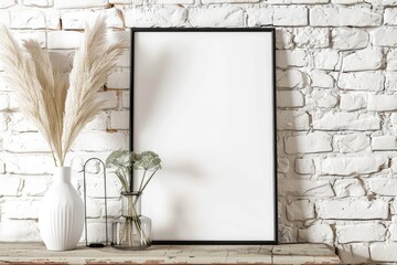 Poster - A simple picture frame on a rustic wooden table. Suitable for home decor or photography concepts