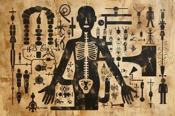 Poster - A painting of a human body adorned with various symbols. Ideal for educational and artistic projects