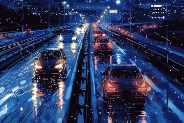 Poster - Nighttime scene of cars driving on highway. Suitable for transportation concepts