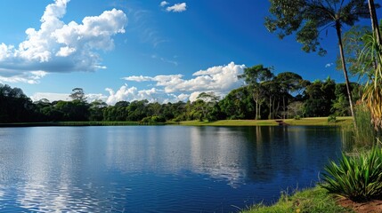 Aufkleber - Serene view of a large body of water surrounded by lush trees. Perfect for nature-themed designs