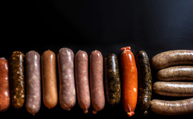 Various meat sausages lie in a row, black background, isolate. AI generated.