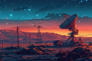 Poster - A satellite dish standing in the middle of a barren desert. Ideal for technology and communication concepts