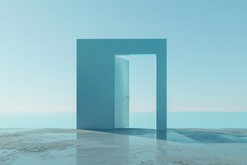 Aufkleber - A simple image of an open door on a concrete floor with a blue sky background. Ideal for various concepts and designs