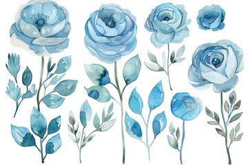 Poster - A beautiful set of blue watercolor flowers and leaves. Perfect for various design projects