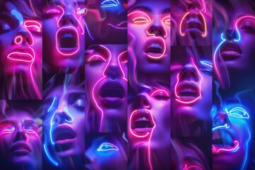 Poster - Group of people with neon lights on their faces, perfect for party and nightlife concepts
