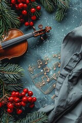 Poster - Musical instrument and notes on wooden surface, suitable for music themes