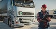© VAKSMANV - Portrait of delivery male worker holding black notepad in his arms. Adult truck driver in cap standing at background of vehicle at daytime. Truck car travels, transportation and delivery.