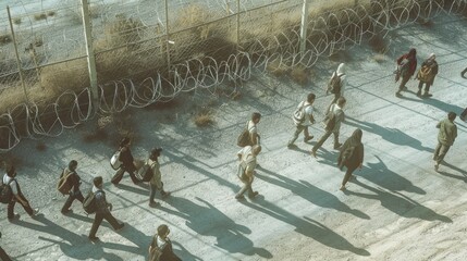 Poster - A group of people walking down a sidewalk next to a fence. Suitable for urban lifestyle concepts