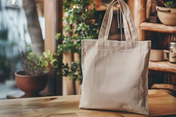 Poster - A tote bag sitting on a wooden table, suitable for lifestyle and fashion themes