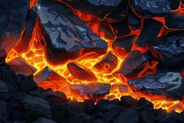 Poster - A close up of a fire with rocks in the background. Suitable for outdoor and nature themes