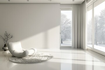 Poster - Simple white chair placed in a room next to a window. Suitable for interior design concepts