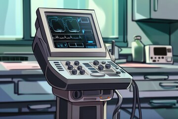 Poster - A computer monitor placed on a table. Suitable for technology concepts