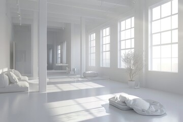 Poster - A simple white room with a comfortable couch and colorful pillows. Suitable for home decor or interior design concepts