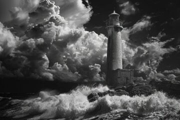 Poster - A striking black and white photo of a lighthouse standing tall in the ocean. Perfect for various design projects