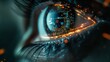 A cybernetic eye scanning layers of digital encryption, with glowing streams of data reflecting off its surface, representing biometric data security measures. 32k, full ultra hd, high resolution
