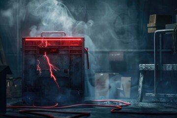 Poster - An image of a red and black electrical device in a dark room. Suitable for technology and security concepts