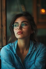 Aufkleber - A woman wearing glasses looking out a window. Suitable for lifestyle or business concepts