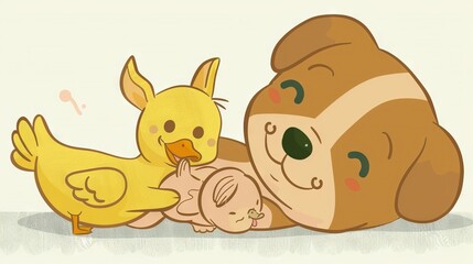 Sticker -   Mother duck and baby duckling with stuffed animal in center