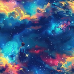 Aufkleber - A person standing in the middle of a galaxy. Suitable for science fiction projects