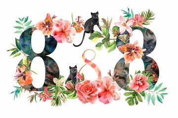 Aufkleber - Watercolor painting of the number eight surrounded by flowers and cats. Suitable for various design projects