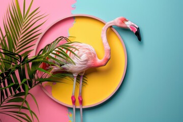 Canvas Print - A pink flamingo standing on a yellow and pink plate. Great for tropical-themed designs