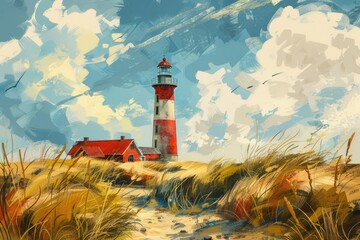 Poster - A beautiful painting of a lighthouse on a sandy beach. Perfect for coastal themes
