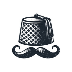 Sticker - The fez hat with mustache. Black white vector logo illustration.	