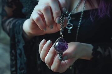 Poster - A woman holding a purple stone in her hand. Suitable for spiritual and wellness concepts