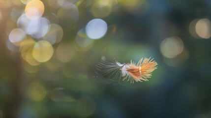 Poster - Dandelion seed floating in midair, illuminated by soft sunlight bokeh