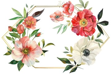 Poster - A watercolor painting of flowers in a hexagon frame, perfect for home decor