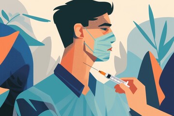 Poster - A man wearing a face mask holding a pair of scissors. Suitable for medical or safety concepts