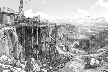 Poster - Detailed black and white drawing of a construction site, suitable for architectural projects