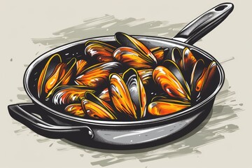 Poster - Fresh mussels in a pan on a table, perfect for seafood lovers and restaurant menus