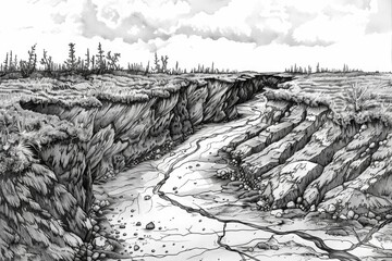 Poster - A serene black and white drawing of a flowing river. Suitable for various design projects