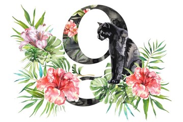 Poster - Watercolor painting of a black cat surrounded by colorful flowers. Ideal for pet lovers or nature enthusiasts