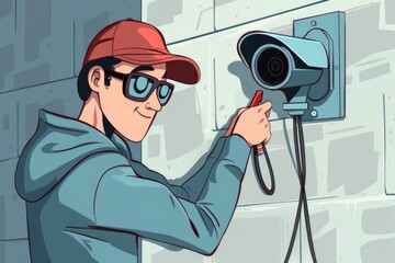 Aufkleber - A man in a red hat and glasses fixing a camera. Ideal for photography and technology concepts