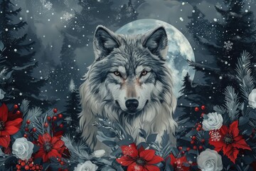Wall Mural - A painting of a wolf surrounded by beautiful flowers. Suitable for nature and wildlife themes
