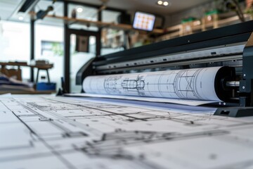 Poster - Large plotter machine on top of blueprint, suitable for technical and engineering projects