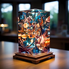 Poster - AI generated illustration of a glass lamp creatively illuminated