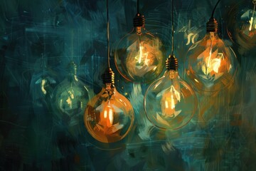 Poster - A group of light bulbs hanging from a ceiling. Perfect for interior design concepts