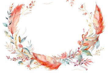 Poster - Colorful wreath of watercolor flowers and feathers. Perfect for invitations or greeting cards