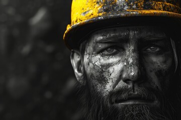 Wall Mural - A black and white photo of a man wearing a hard hat, suitable for construction industry projects