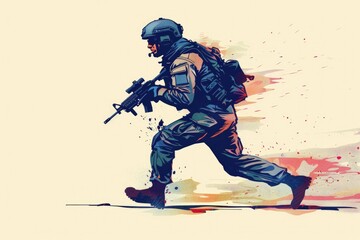 Poster - A man in a military uniform holding a gun. Suitable for military and security concepts
