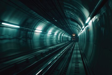Poster - A train passing through a tunnel next to a platform. Suitable for transportation and travel concepts