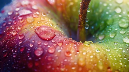 Poster - Close up of a juicy apple with glistening water droplets, perfect for food and health concepts